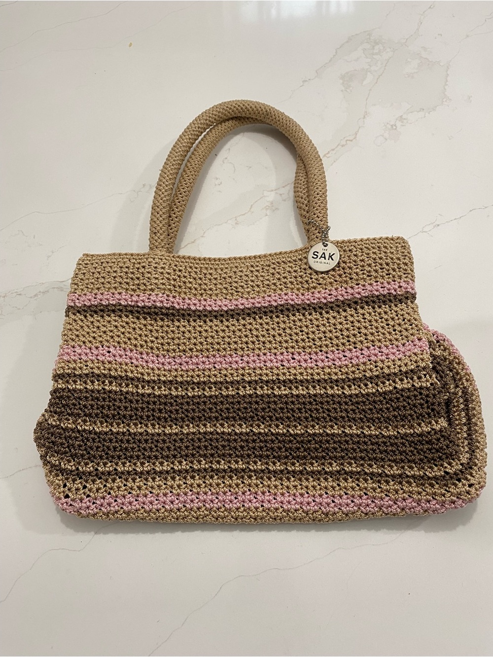 The Sak Striped Crochet Shoulder Bag Tan Brown Pink Boho